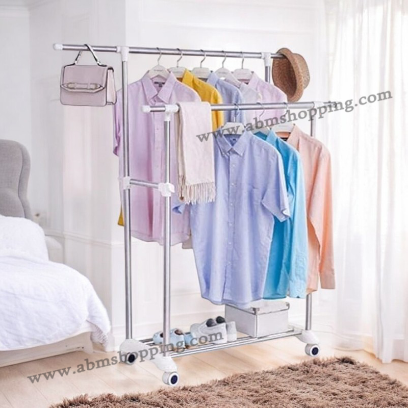 Porte-vêtements Double Barre Avec étagères - 8 Crochets Et 2 Plateaux à Chaussures - Métal Blanc - Pour Chambre, Dressing, Couloir