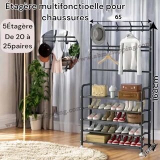 Porte Vêtements Avec Organisateur De Chaussures 5 Niveaux Pour Les Chambres Et Les Entrées 168×65×26cm