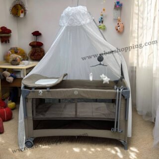 Lit Parc Cododo Balançoire 2 Niveaux avec Mobile Musical 120x60cm | Chanou Kids - Marron