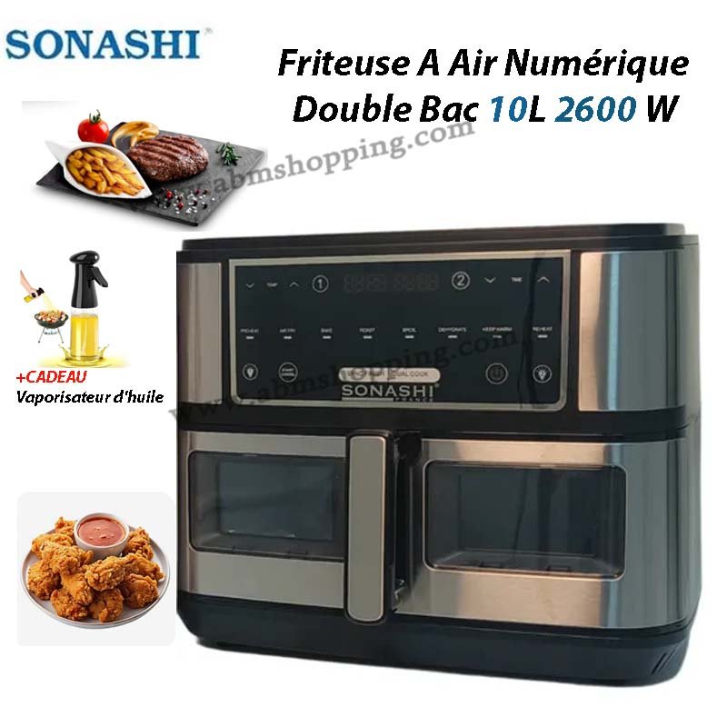 Friteuse A Air Numérique Double Bac 10L 2600 W Digital Multiprogrammes EN Inox | Sonashi SAF-110