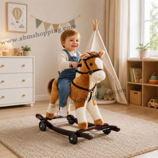 Cheval à Bascule 2 en 1 en bois avec roues et peluche pour enfants